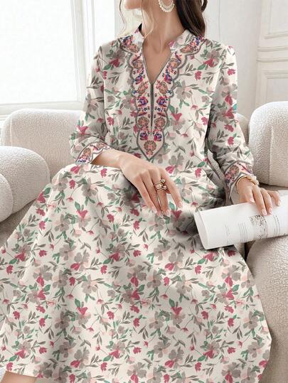 SHEIN Najma 女士复古花卉植物印花V领长袖系腰休闲连衣裙，春夏款