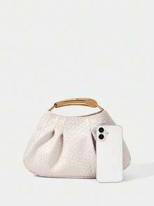 SHECARRY Bolso de mano de material tejido con relieve dorado plisado de moda para mujer, para fiestas y Año Nuevo - Albaricoque - Ver 4