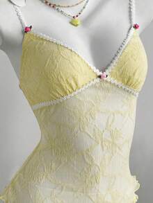 Elamini White And Yellow Summer 1960s Vintage 70s Retro Party Women's V-Neck Lace Ruffle 3D Flower Bow Tie Backless Camisole Tank Top Italian Corset Camis - Light Yellow - View 6