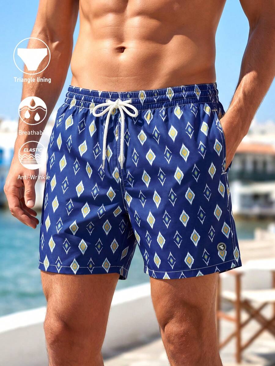 Surfspeed Men's Geometric Print Drawstring Waist Beach Shorts Men's Swim Trunks Geometric Blue Swim Trunks For Men - Blue - View 1