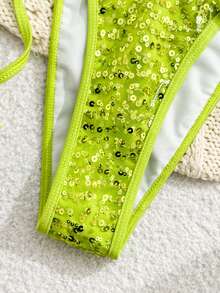 Bonvoyette Nuevo conjunto de dos piezas de traje de baño de verano con lentejuelas luminosas, bordado de peces oceánicos, corte alto con lazos laterales, copa triangular y color verde fosforescente de moda para todos - Verde - Ver 6