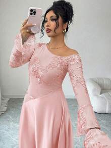Modelyn 大码女式性感不对称领口镂空肩部刺绣网纱长袖高腰长裙 - 粉色 - 查看 7