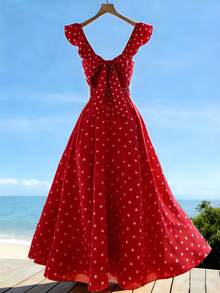 Franclia Women's Polka Dot Print Sleeveless Dress, Casual Holiday Style,French-Style Floral Print Women's Dress,Spring/Summer, Women's Long Skirts,Red Dresses For Women, Floral Dresses For Women, Women's Polka Dot Dress,Women's Ruffle Dress,Women's Ruffle Skirt,Women's Square Neck Backless Tie-Up Dress, Women's Slip Dress, Women's Elegant Dress, Women's Vacation Dress, Women's Beach Dress,Women's Holiday Dress,Women's Summer Dress,Women's Casual Dress,Birthday Dresses For Women,Beach Outfits For Women ,Elegant Dresses For Party ,Summer Holiday Outfits,Summer Clothes,Women's Long Dress,Ruffle Dress ,Ruffle Skirt , Peplum Dress Women ,Vacation Dress,Graduation Dress For Women,Beach Outfit - Red - View 2