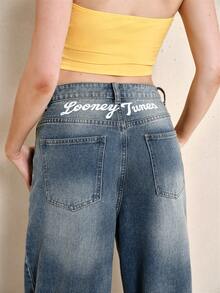 LOONEY TUNES X SHEIN 女士休闲水洗卡通图案斜插口袋牛仔裤 - 藍色 - 查看 3