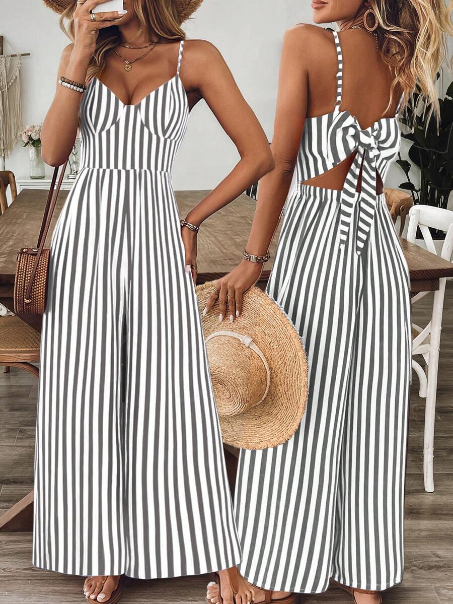 Breezaya Bộ jumpsuit nữ dáng rộng in hoa, dây mảnh, hở lưng, thích hợp cho mùa xuân/hè. - Xám - Xem 1