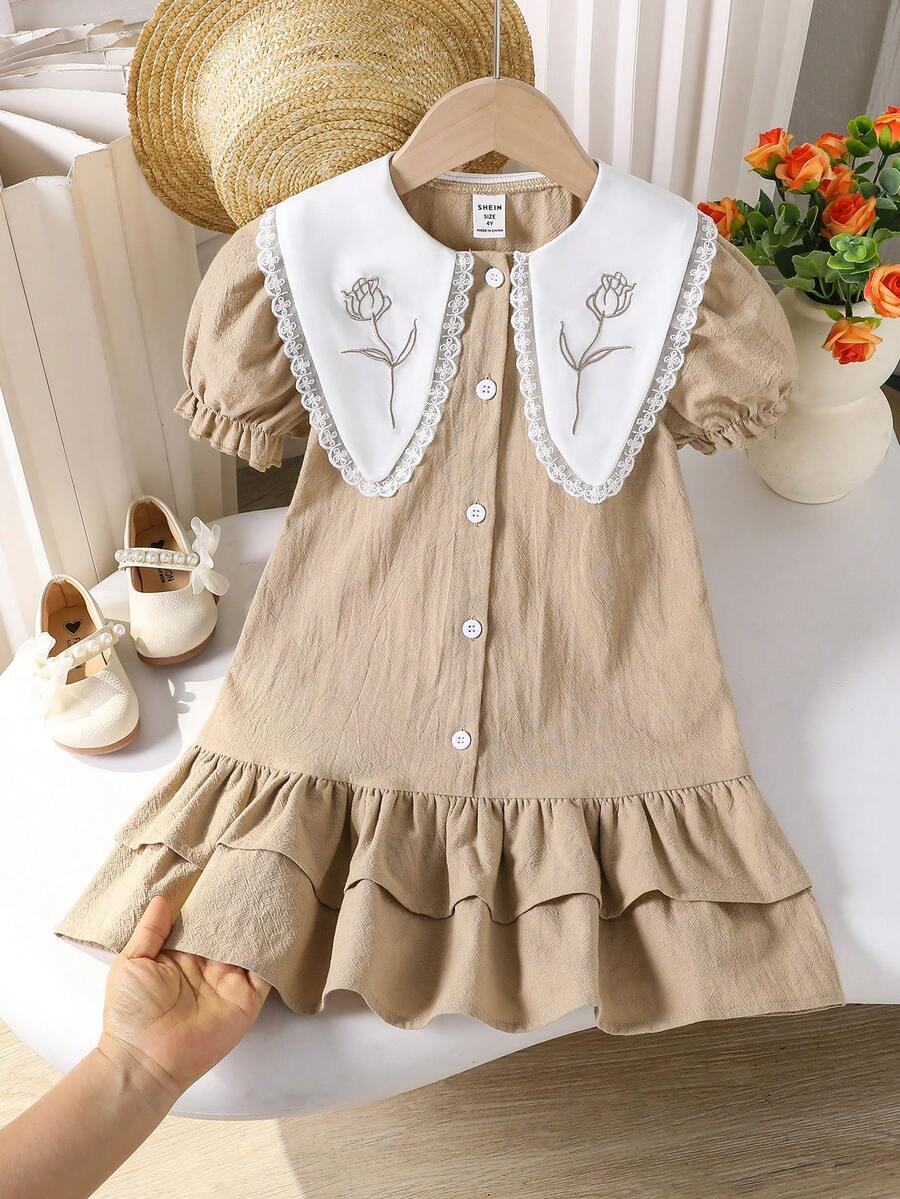 SHEIN Playful Pals Đầm babydodo tay cánh hoa thêu hoa mùa hè giản dị cho bé gái - Màu Khaki - Xem 1