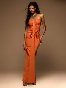 MUSERA Slinky Extreme Ruched Draped Fitted Strapless Bandeau Maxi Dress Spring Summer Elegant Vacation Holiday Ibiza Club Occasion Sexy Evening Wedding Guest Sunset Kiss - Orange - View 1