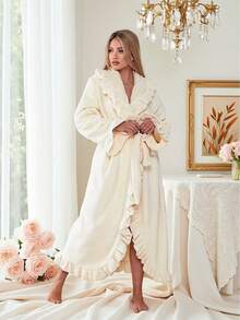 1pc Women's Super Soft Ruffle Hem Thick Fleece Robe, Ruffle Hem Fashion Robe With Side Pockets, Warm Long Bathrobe, Plush SPA Robe, Loungewear, Sleepwear - Multicolor - View 14