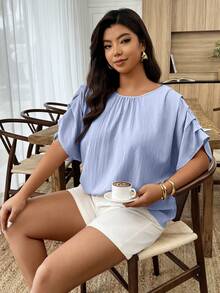 Weeklong Camisa casual holgada con cuello redondo y mangas fruncidas para mujer talla grande, para primavera/verano - Celeste - Ver 3