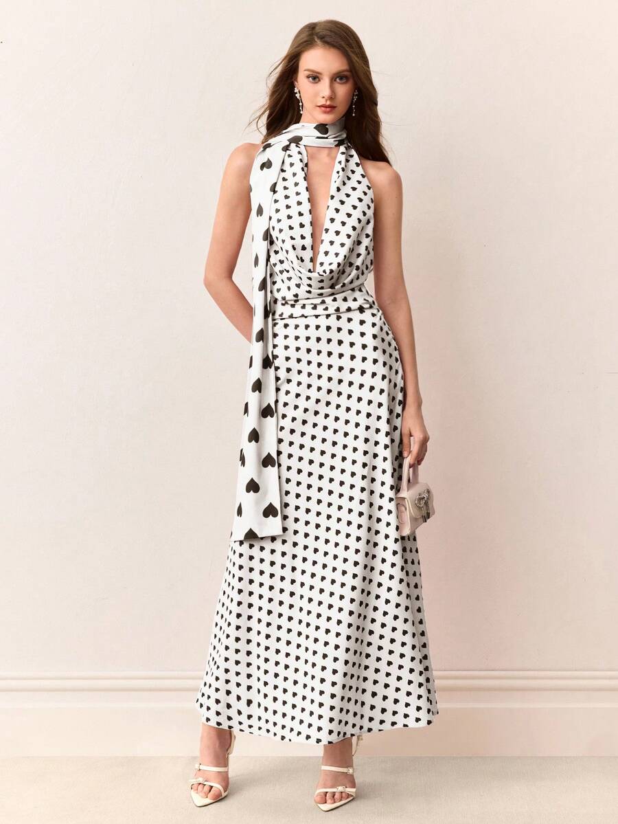 Aveloria Rosie Pink Heart Draped Neck Sleeveless Maxi Dress, Gentle And Eye-Catching For Girls, Suitable For Beach Vacation, Summer Evening Party (Random) - Multicolor - View 1