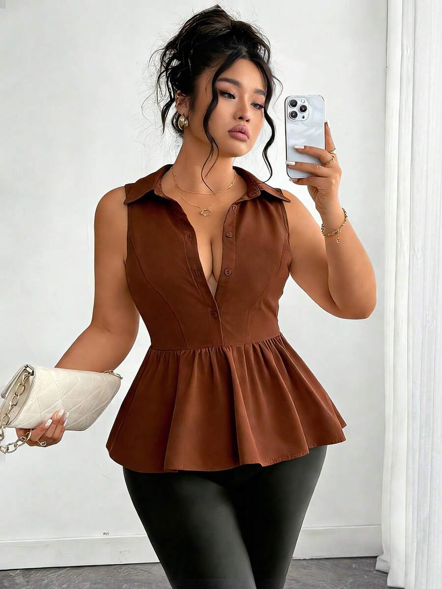 SHEIN Elenzya 大码女士优雅纯色无袖衬衫，荷叶边领口下摆，浪漫约会百搭设计，休闲商务风，春夏新款 - 棕色 - 查看 1