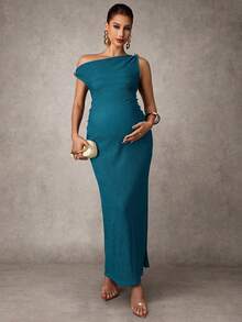 MaterniChic Maternity Solid Color Casual Everyday Dress, Asymmetrical Shoulder - Blue - View 7
