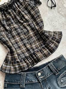 Attitoon Blusa con hombros descubiertos, volantes y cuadros en color café, top lindo para mujer - Café integral - Ver 3