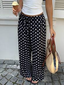 Sunnyshic 女士黑色波点印花低腰抽绳直筒阔腿裤，春夏度假波西米亚风优雅通勤复古简约百搭日常装 - 黑色 - 查看 1