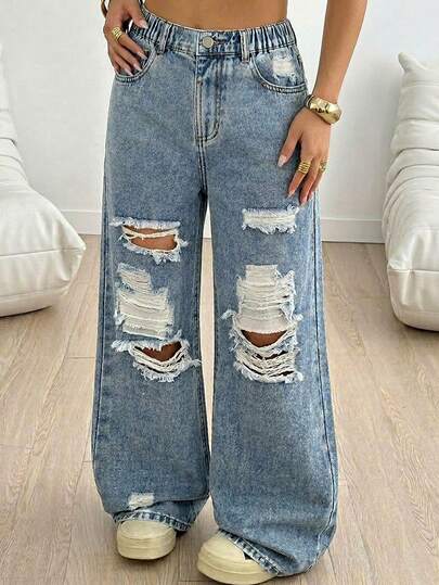 Tween Girls' Casual Retro Vintage Distressed Washed Denim Jeans