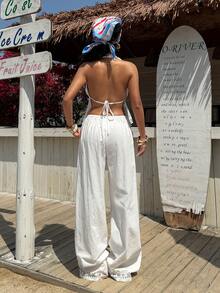 Muchica 2PCS Women's Summer White And Blue Printed Sleeveless Top With Star Embellishment On The Front; Backless Halter Casual Set With Ruffles; Women's Holiday Wear; Women's Summer Beach Wear; Women's Country Resort Wear. - White - View 2