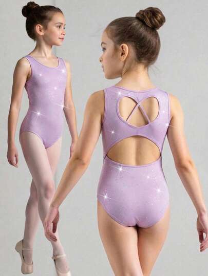 SHEIN 少女休闲运动体操瑜伽闪亮优雅高弹力箔针织露背连体衣，紫色