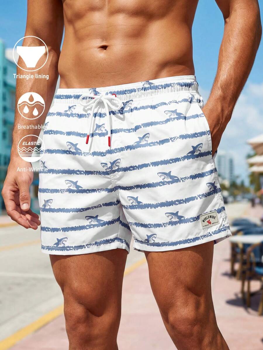 Manfinity Swimmode 男士抽绳腰带口袋鲨鱼印花休闲度假沙滩短裤 - 藍色 - 查看 1