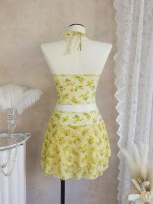 Bellisia 女士最新时尚甜美风吊带浅黄色碎花吊带背心，饰有金属星星，镂空泳装三件套，春夏女士度假套装，辣妹风女士夏季服装，女士春季服装，复古女士夏季服装 - 彩色 - 查看 2