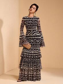 JIAN LASALA Vestido bohemio de mujer con cuello redondo, mangas acampanadas y estampado total de malla, para vacaciones y uso casual - Multicolor - Ver 1