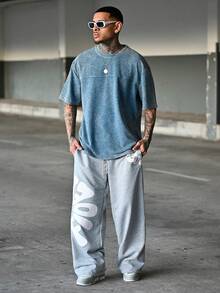 Devon Thys 男士休闲时尚街头日常通勤水洗宽松T恤，夏季 - 藍色 - 查看 6
