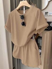 Resyla Plus Size Women Solid Color Round Neck Short Sleeve Top And Shorts Casual Daily Outfit - Coffee Brown - View 1