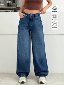SHEIN LOW WAIST WIDELEG DARK BLUE WASH STREET WEAR JEAN CASUAL - Dark Wash - View 3