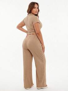 SHEIN EZwear Co-Ords Ukuran Plus Kolor Simpul Lettuce Trim Plaid Plain Casual - Khaki - View 2