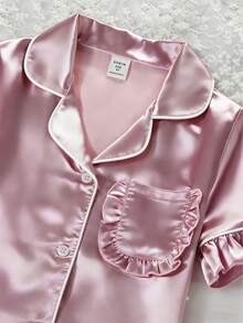 2件套女童纯色荷叶边短袖上衣和裤子家居服套装，春夏款 - 淡紫色 - 查看 4