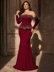 Aureia Plus Size Elegant Romantic Dark Red Open Shoulder Asymmetric Neckline Luxury Faux Pearl & Rhinestone Decor Mermaid Hem With Train Dress, Suitable For Wedding, Party, Celebration, Formal Event, Gala (Intricate Design) - Red - View 6