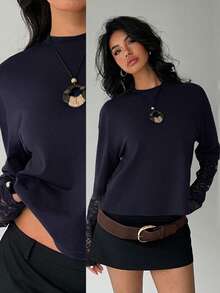 Aloruh Áo thun nữ dáng ôm cổ tròn màu trơn, kiểu dáng thường ngày, phối ren ngọt ngào. - Màu xanh hải quân - Xem 8