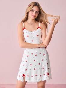 Bonmuse 女士睡衣罗纹针织蝴蝶印花撞色蕾丝饰边蝴蝶结可爱甜美性感吊带裙 - 紅色 - 查看 7