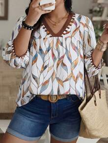 SHEIN LUNE Random Print Plus Size Women V-Neck Blouse - Multicolor - View 1