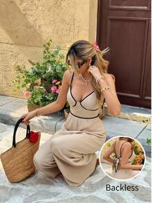 SHEIN Frenchy Women's Sexy Vacation Style Contrast Binding Tie Backless Wide Leg Jumpsuit - Apricot - View 8