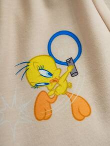 LOONEY TUNES X SHEIN 女婴字母卡通印花圆领短袖T恤和裤子休闲套装 - 卡其色 - 查看 5