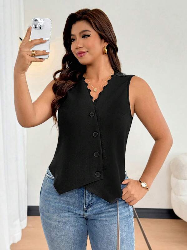Easura Plus Size Women's Elegant Commuter Design Lace Patchwork V-Neck Sleeveless Asymmetrical Hem Casual Versatile Black Blazer