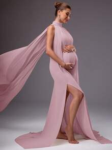 MaterniChic Elegant Solid Color High Slit Flowy Maternity Dress - Dusty Pink - View 5