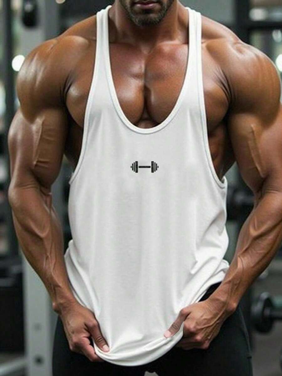 GymBeat 男士杠铃印花休闲百搭日常穿着及运动T恤 - 白色 - 查看 1