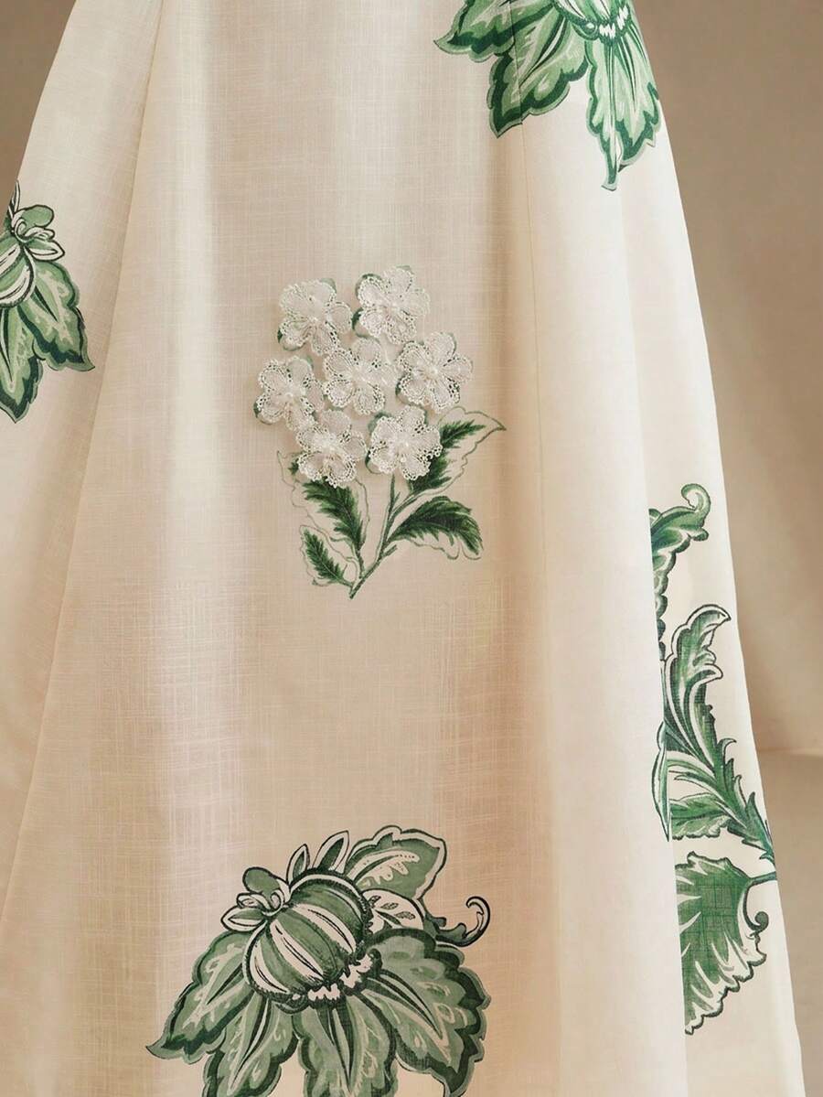 Anewsta Petite 女士优雅印花 A 字连衣裙，3D 立体花朵装饰，休闲日常穿着，适合日常、度假、海滩等场合。 - 綠色 - 查看 1