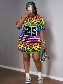 Slaydiva 休闲简约圆领彩色豹纹数字字母徽章图案赛车服，时尚街头风，运动休闲，比赛服，Y2K风格，大码 - 彩色 - 查看 1