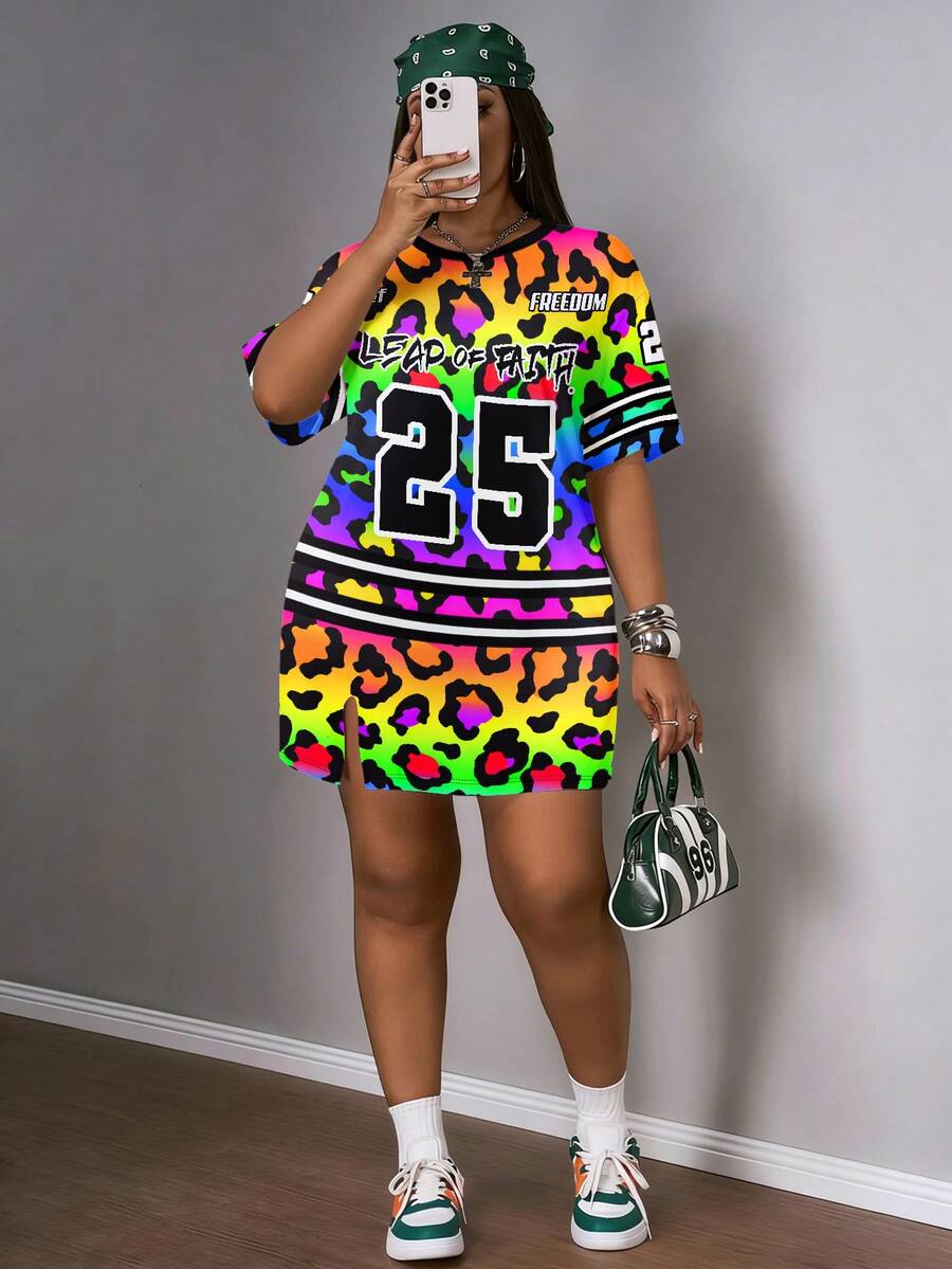 Slaydiva 休闲简约圆领彩色豹纹数字字母徽章图案赛车服，时尚街头风，运动休闲，比赛服，Y2K风格，大码 - 彩色 - 查看 1