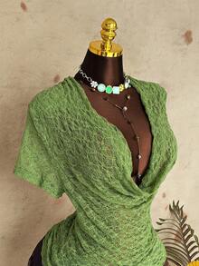 Sunspun Plus Size Lace Scoop Neck T-Shirt, Sensual Style - Green - View 4