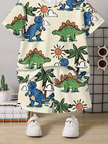 两件套男童恐龙印花圆领短袖T恤和短裤，休闲日常穿搭 - 彩色 - 查看 7