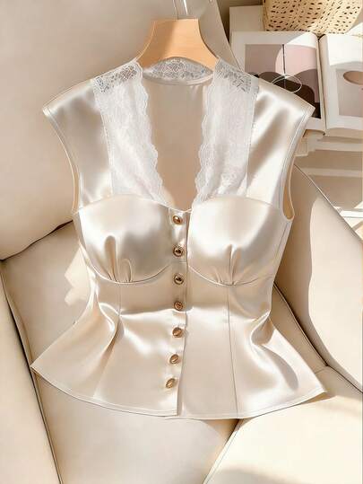 GlowEve Satin Fabric V-Neck Sleeveless Pleated Chest Shirt With Front Button Closure, Elegant Romantic Luxurious Refined Office Wear Blouse For Women, White Summer Top