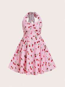 Sweetra Vestido de línea A con estampado de cerezas y cuello halter para tallas grandes - Rosa Pálido - Ver 1