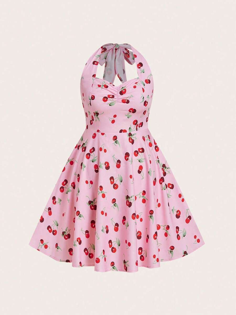 Sweetra Vestido de línea A con estampado de cerezas y cuello halter para tallas grandes - Rosa Pálido - Ver 1