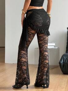 Coolane Women's Spring/Summer Concert Outfit Streetwear Y2K Casual Party Vacation Outfits Sexy Stretchy Lace Straps Bustier Low Rise Bell Bottoms - Black - View 4