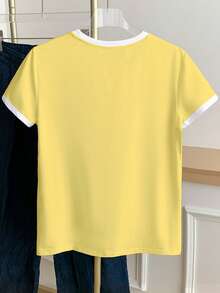 Resyla Women's Casual Lemon Embroidery Color Block Round Neck T-Shirt - Multicolor - View 2