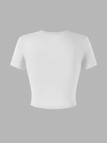 少女紧身短袖休闲狗狗动物印花圆领露脐针织上衣T恤 - 玫紅色 - 查看 3