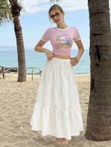 MainGRL Women's Round Neck Letter Print Short Sleeve Top And Pleated Cake Skirt Casual 2-Piece Set - Pink - View 1